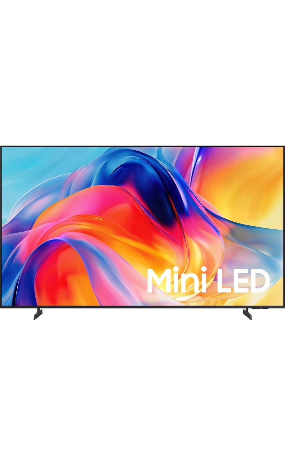 Renkli soyut bir arka plan ve "Mini LED" yazısı gösteren modern bir TV.