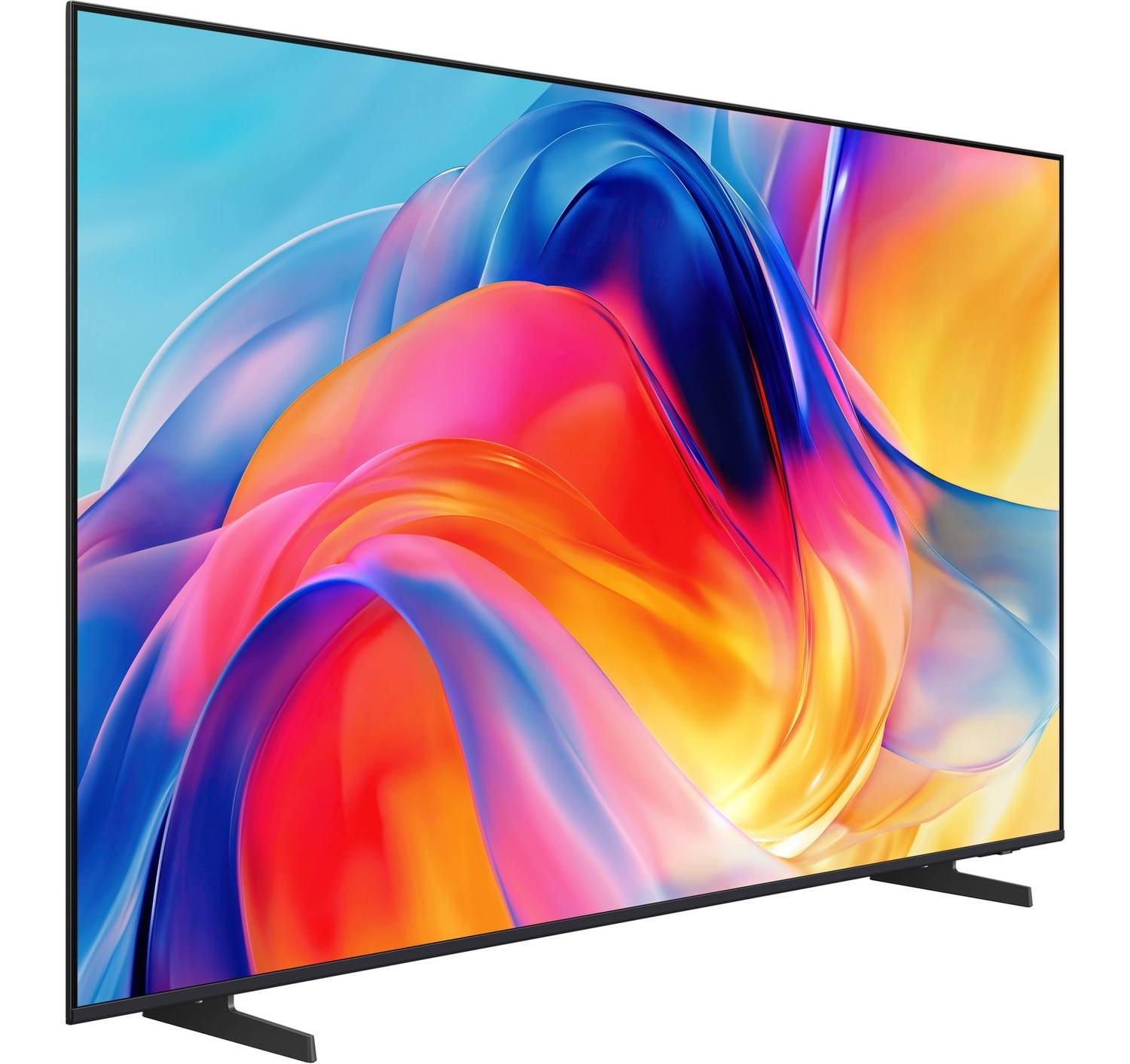 Renkli, soyut ekran koruyucu gösteren modern bir düz ekran TV.