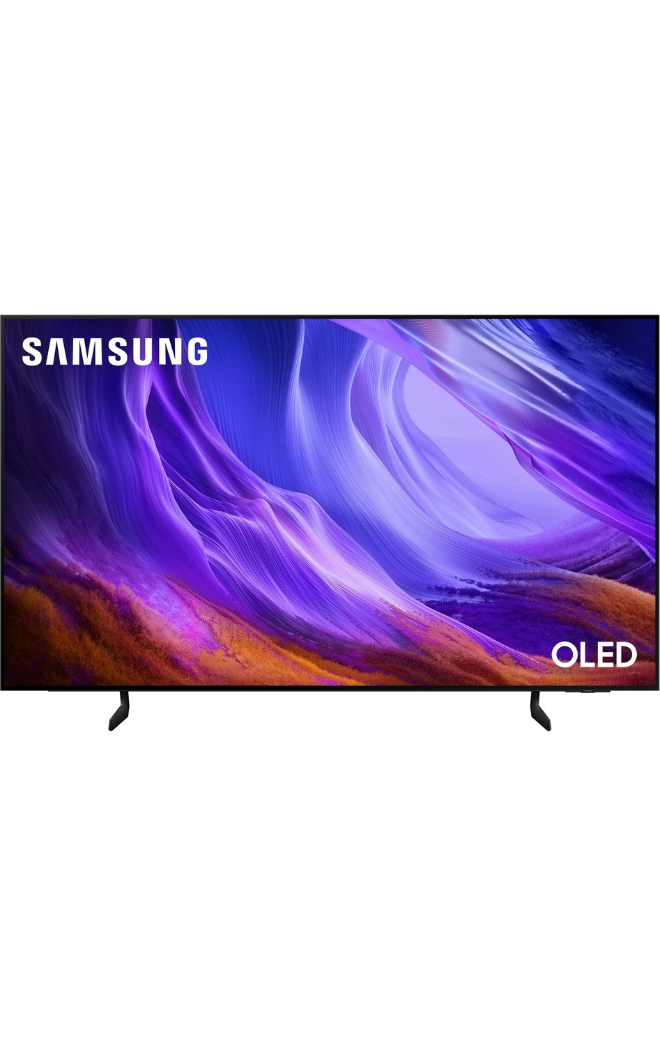 Soyut mor ve turuncu bir arka plana sahip Samsung OLED TV.