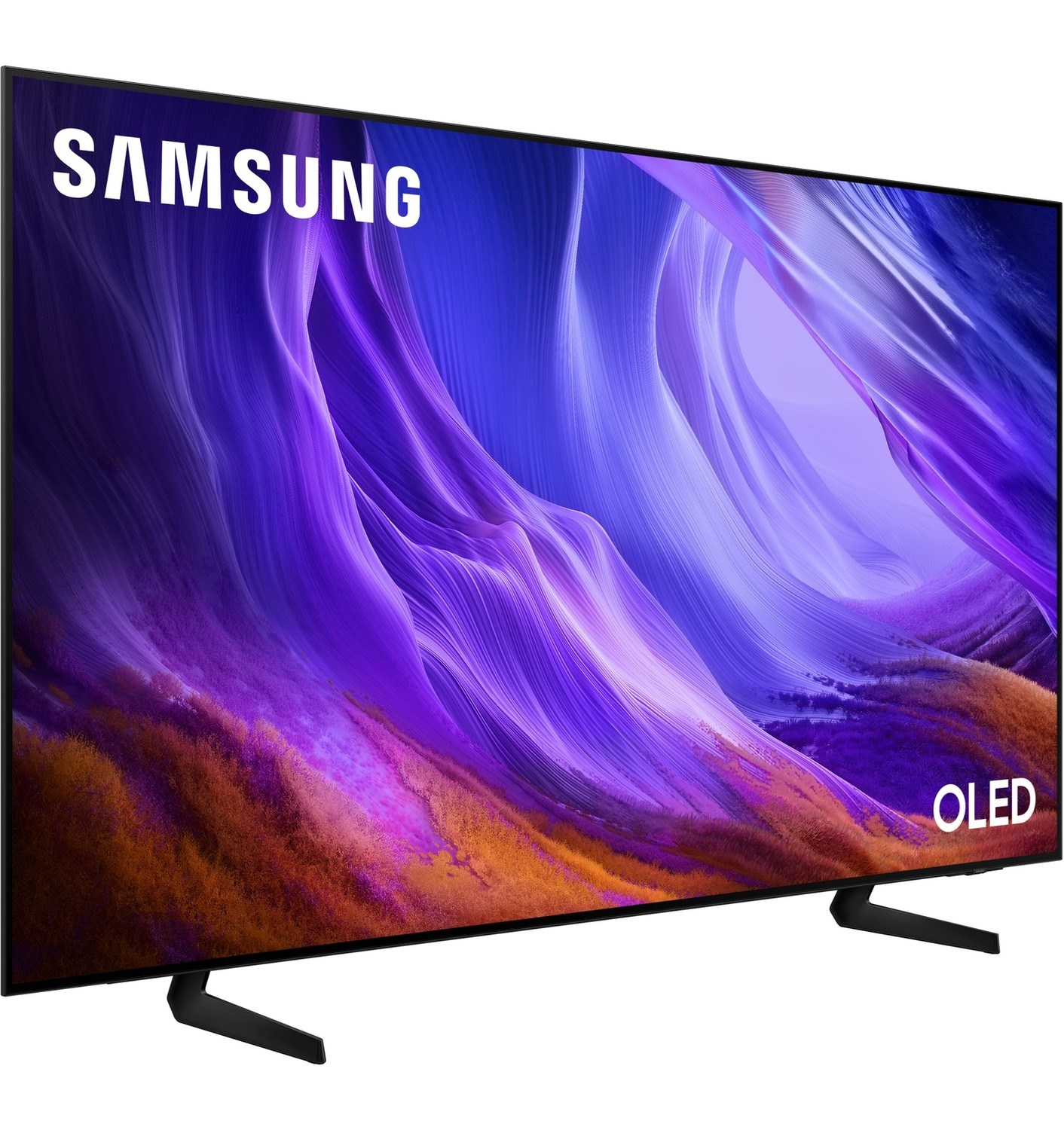 Samsung OLED TV soyut mor ve turuncu bir arka plan sergiliyor.