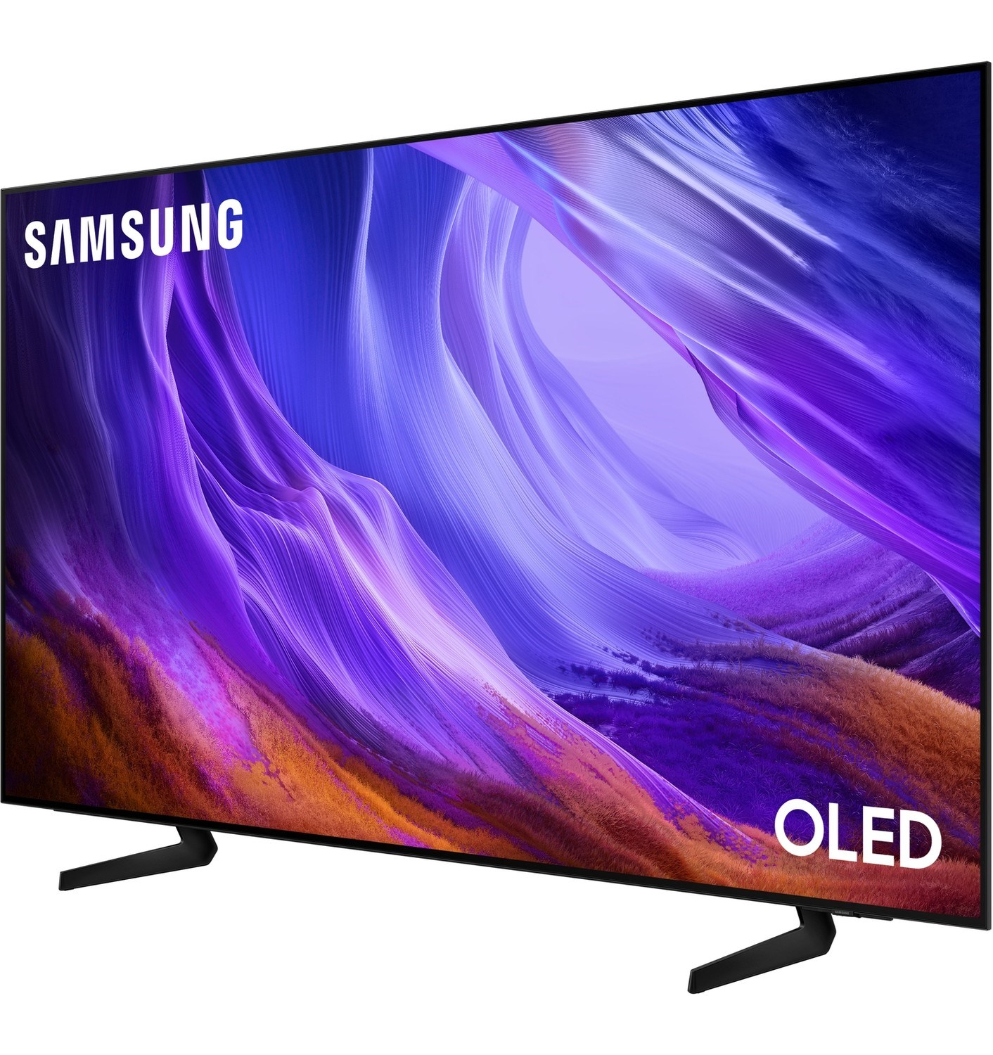 Samsung OLED TV soyut mor ve turuncu arka plan resmi gösteriyor.