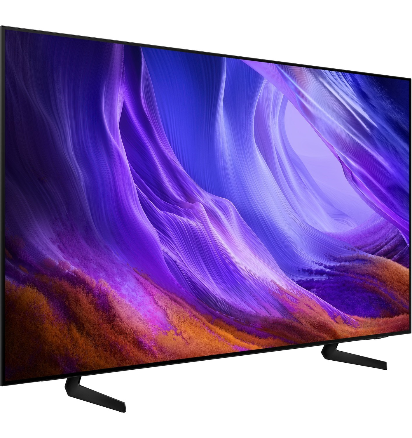 Ekranında mor ve turuncu tonlarında soyut, akıcı bir desen gösteren modern bir televizyon.