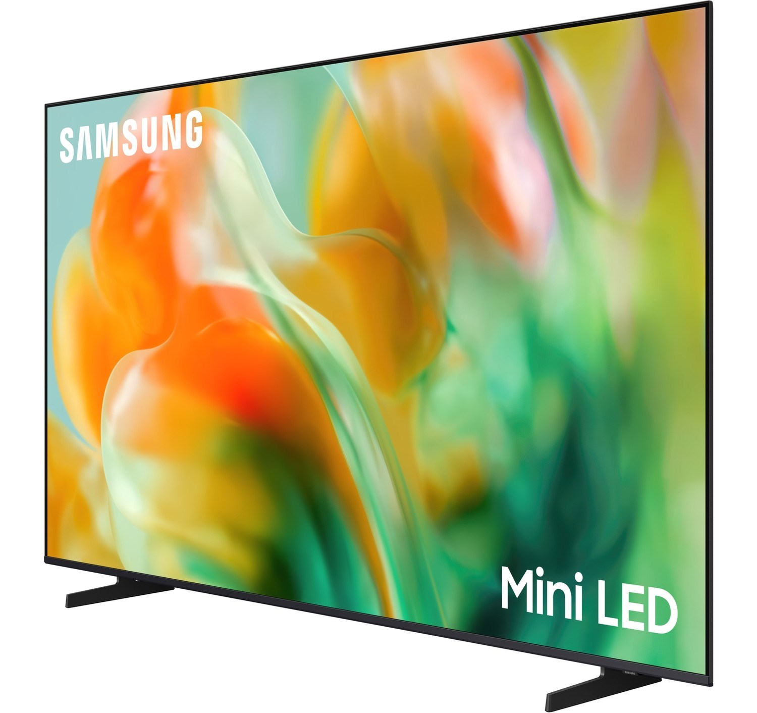 Samsung Mini LED TV ekranda soyut turuncu ve yeşil şekiller gösteriyor.