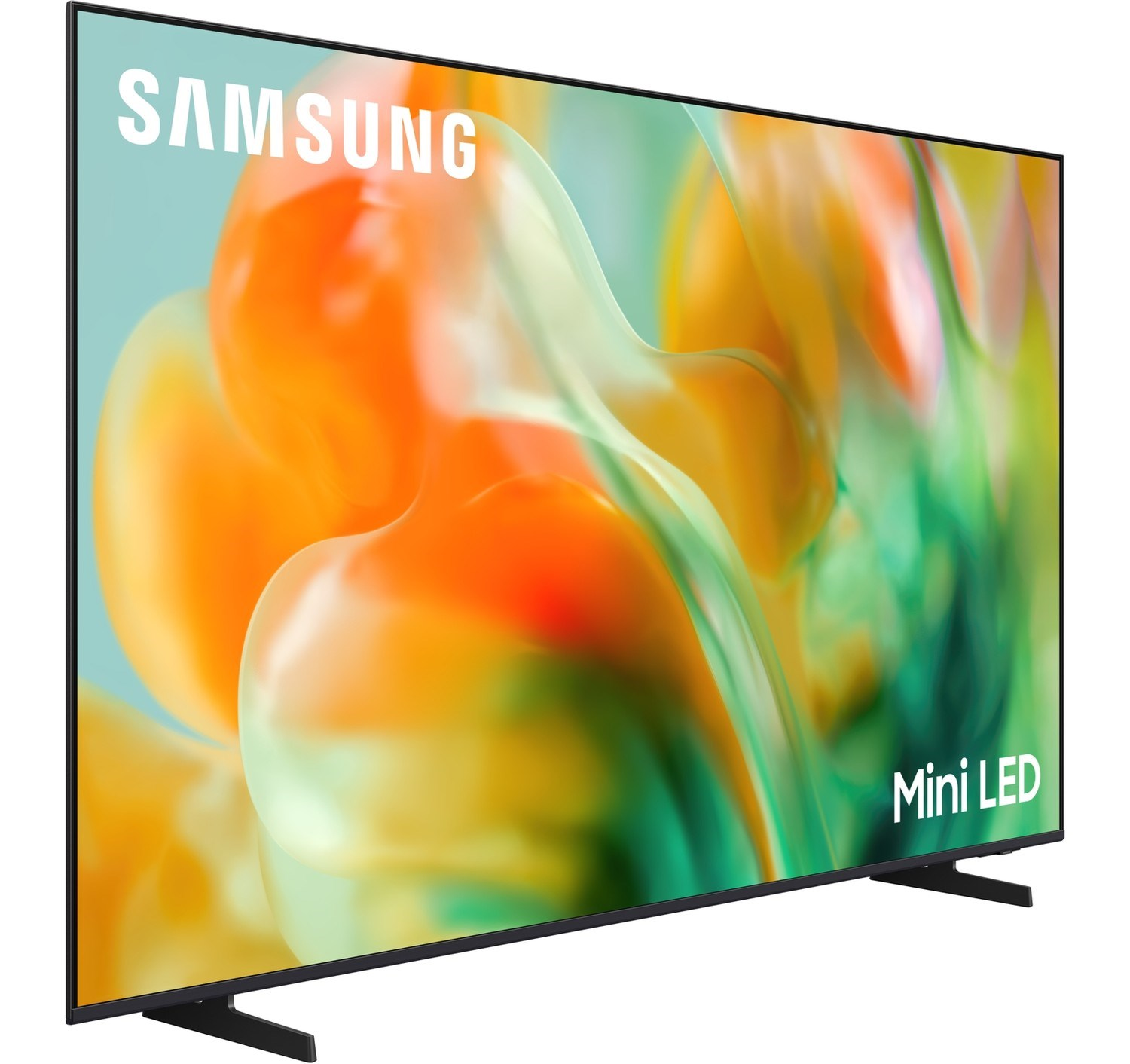 Soyut, renkli bir arka plan gösteren Samsung Mini LED TV.