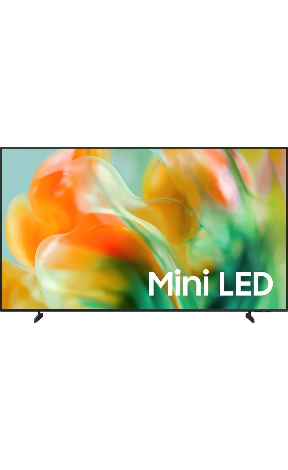 Renkli soyut bir arka plan ve "Mini LED" yazısı gösteren modern bir TV.