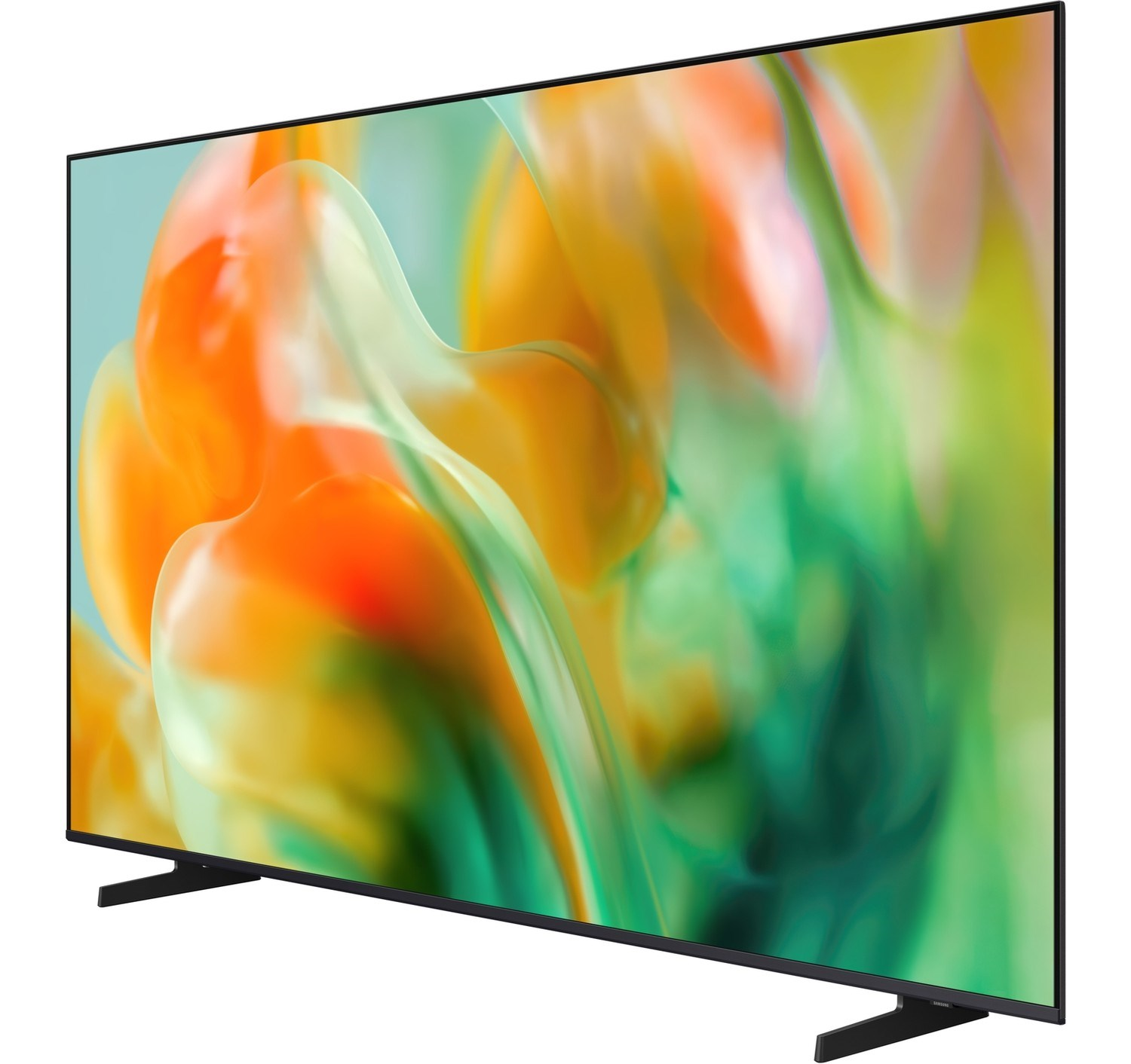 Ekranında soyut, akıcı bir tasarıma sahip modern bir düz ekran TV.