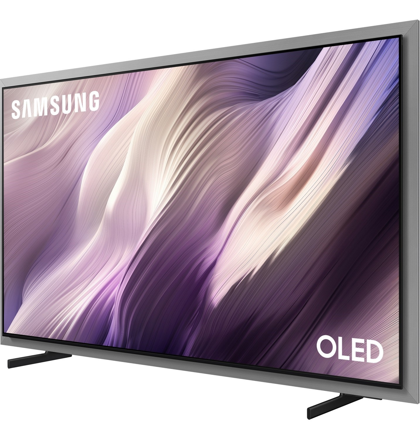 Samsung OLED TV'nin ekranında mor ve beyaz soyut, akıcı bir desen görünüyor.