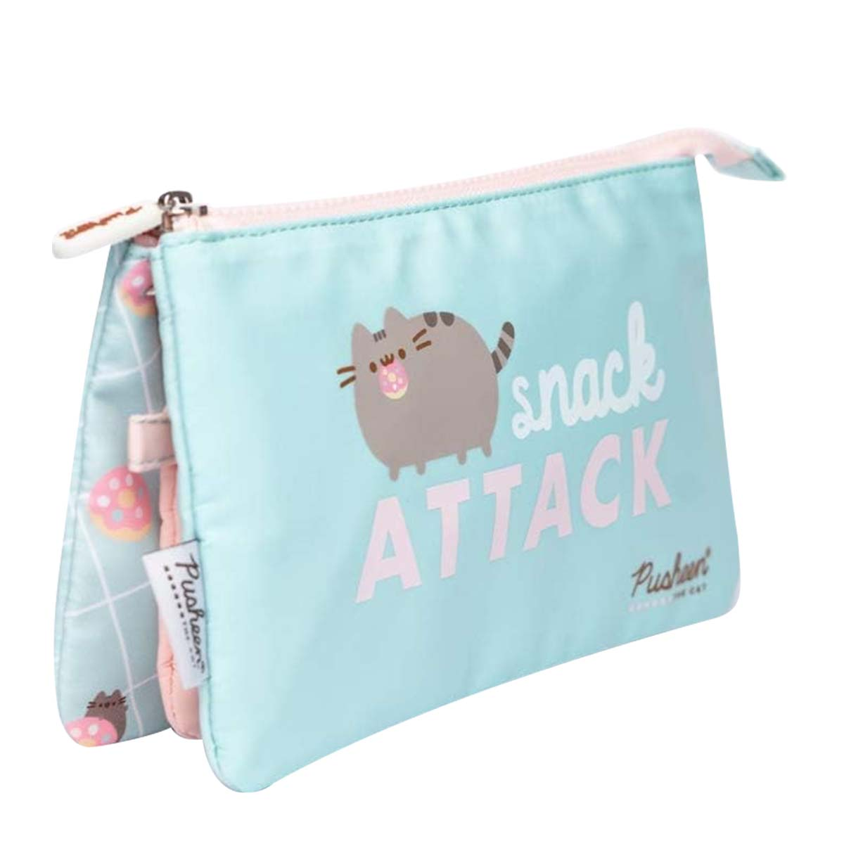 Eine hellblaue Tasche mit Katzengrafik und