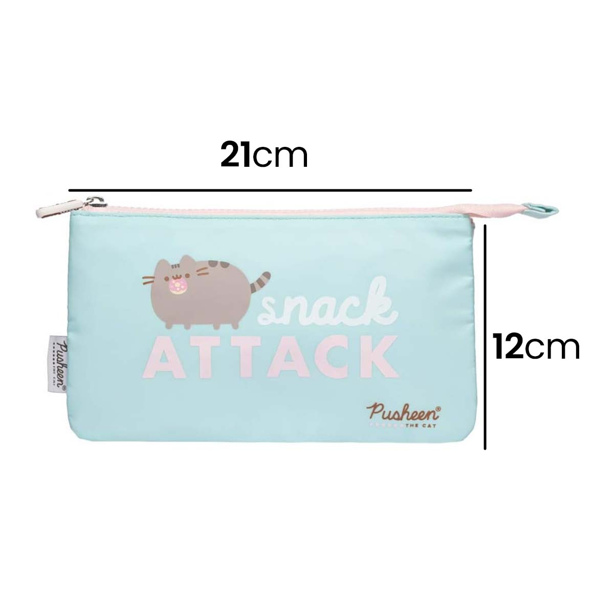 Hellblaue Tasche mit Pusheen-Katze und Aufschrift "Snack ATTACK".