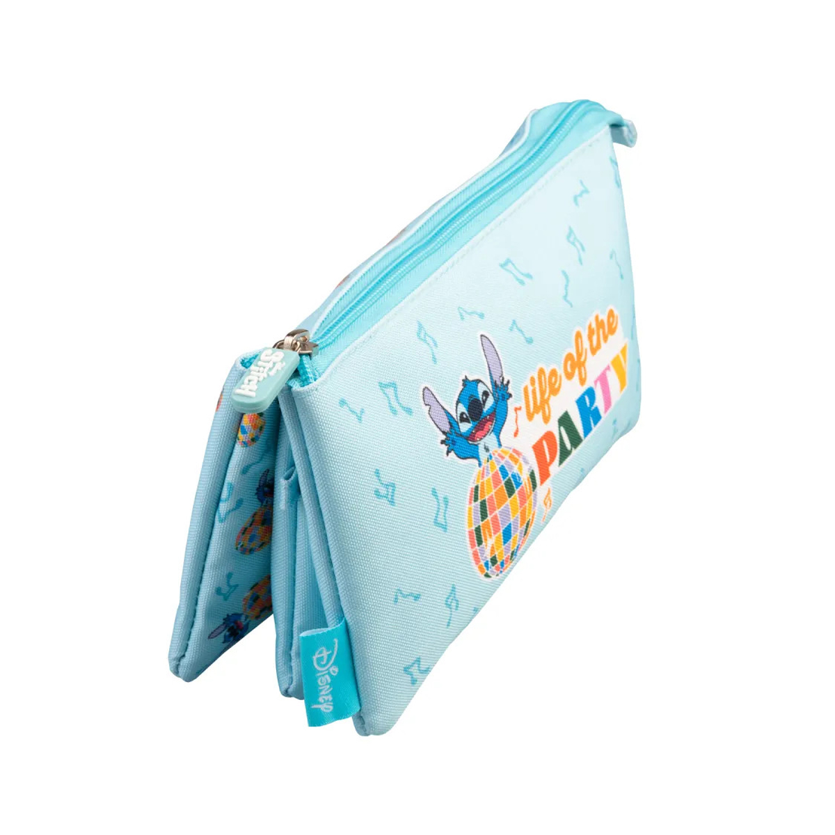 Hellblaue Kulturtasche mit Stitch, Discokugel und Noten.