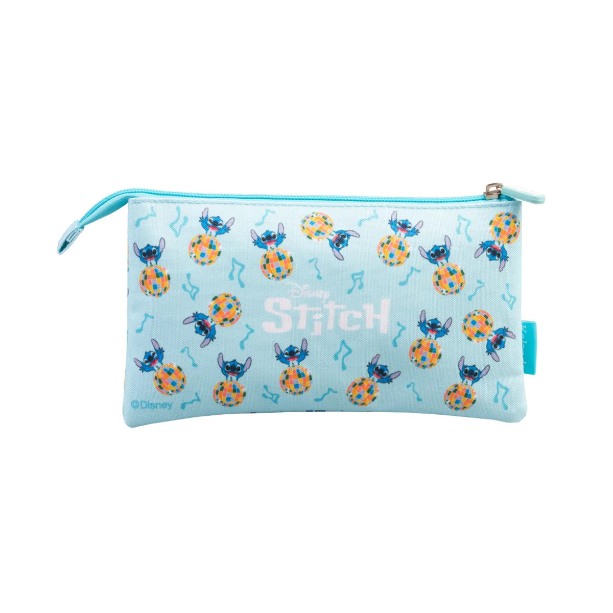 Eine hellblaue Tasche mit Stitch-Figuren und Discokugeln. Disney-Logo.