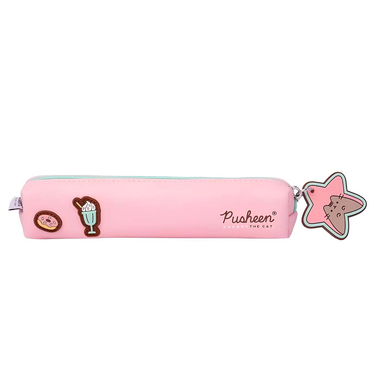 Ein rosa Pusheen-Etui mit Donut- und Eiscreme-Aufnähern und einem Stern-Anhänger.