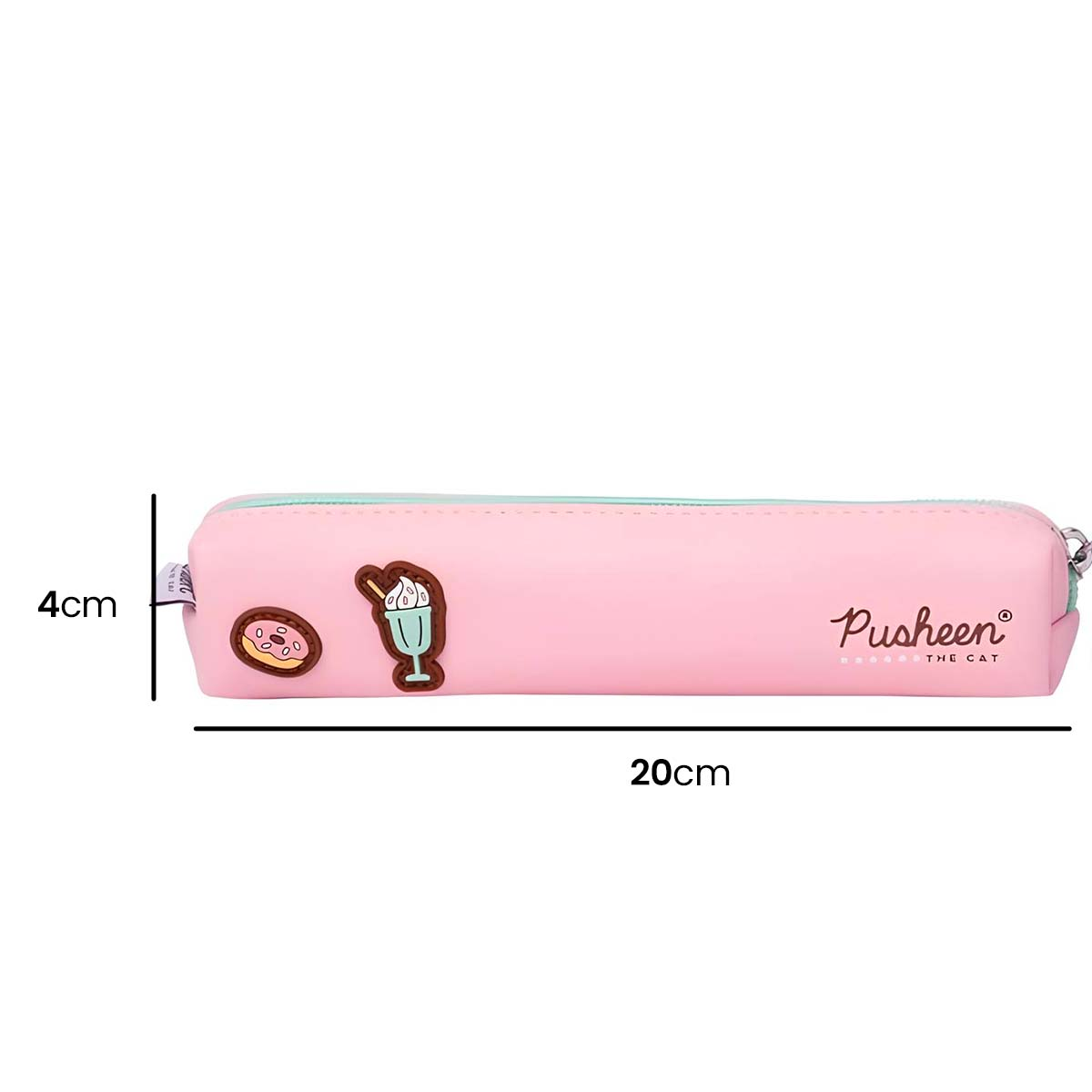 Ein rosa Federmäppchen mit Donut- und Eiscreme-Aufnähern und Pusheen-Schriftzug. Maße: 20 x 4 cm.