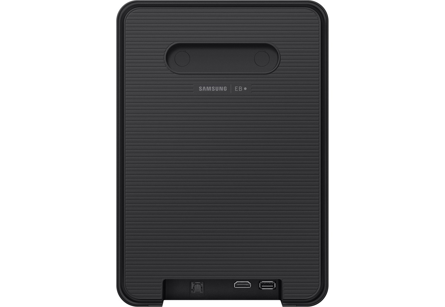 Siyah Samsung subwoofer, yivli arkası ve bağlantı noktaları.