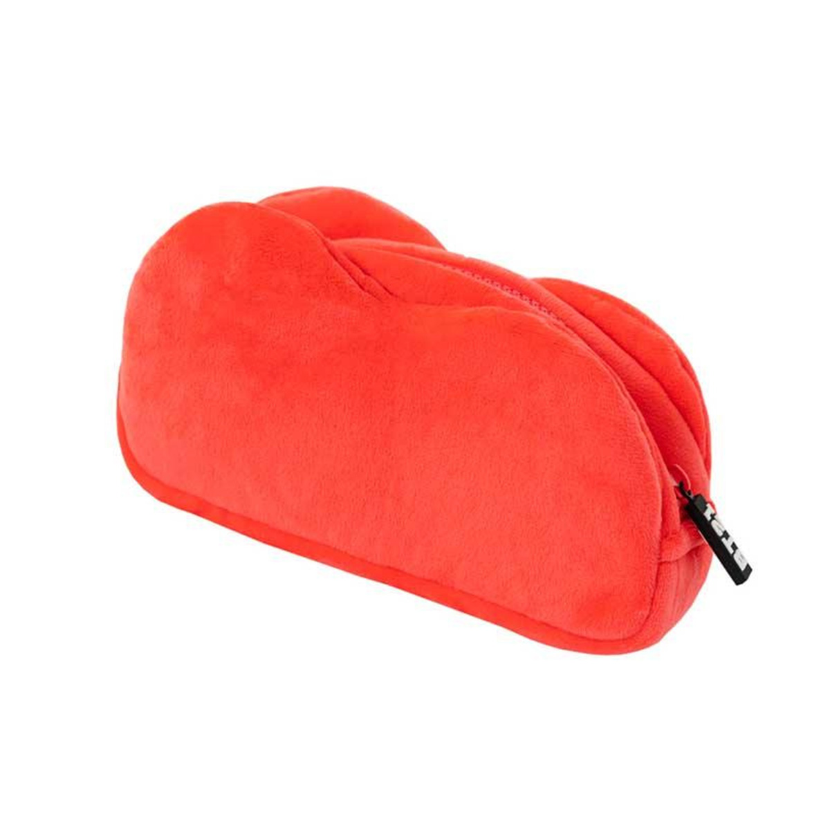 Ein leuchtend rotes, plüschiges Federmäppchen mit Reißverschluss.