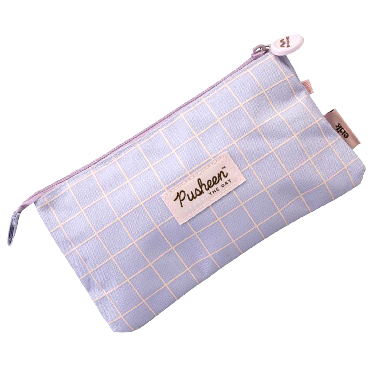 Ein hellviolettes Federmäppchen mit einem Gittermuster und dem Pusheen-Logo.