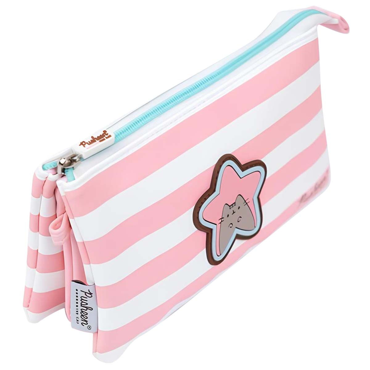 Rosa und weiß gestreifte Federtasche mit blauem Reißverschluss und Pusheen-Katze in einem Stern.