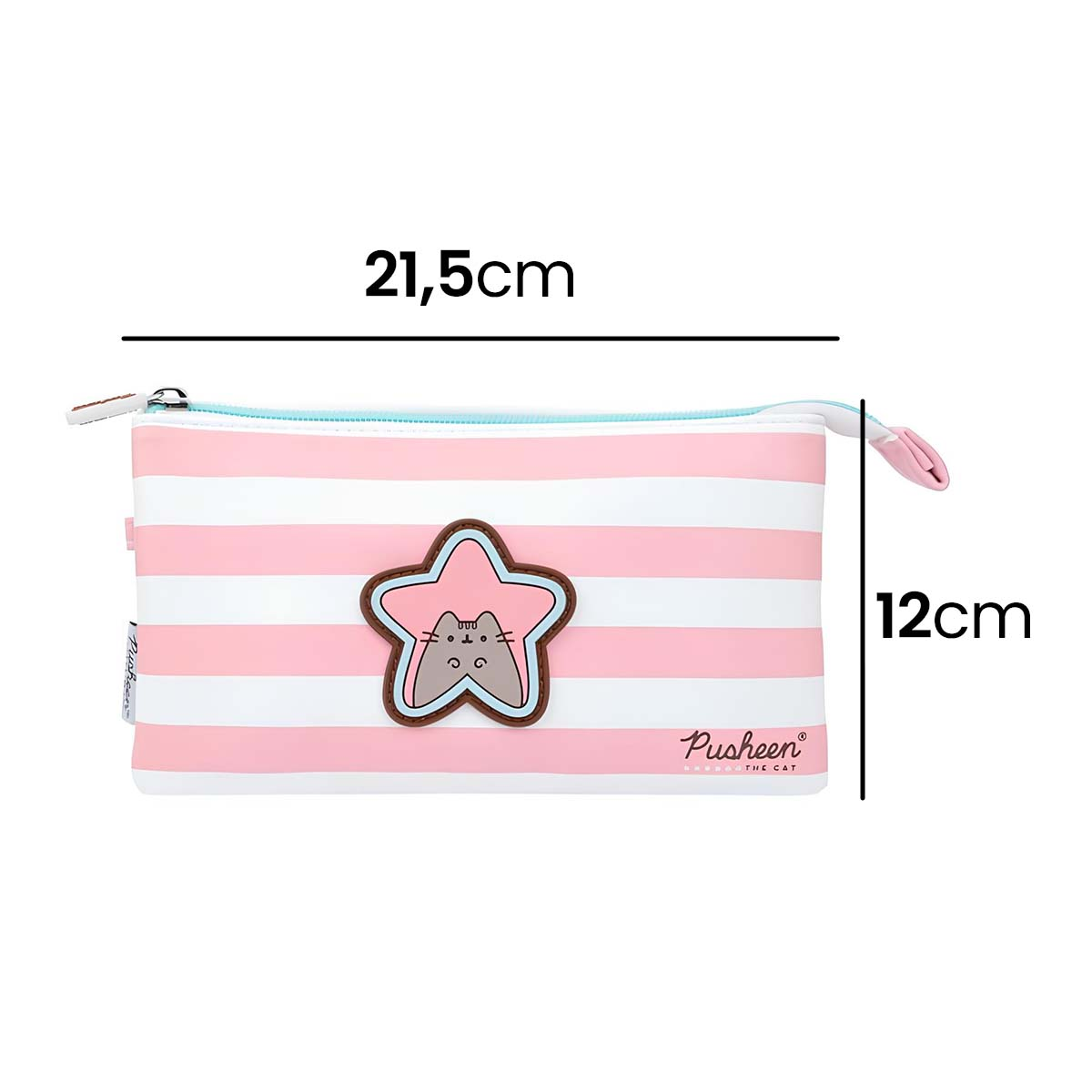 Rosa und weiße gestreifte Kosmetiktasche mit einem Stern-Abzeichen mit Pusheen-Katze.