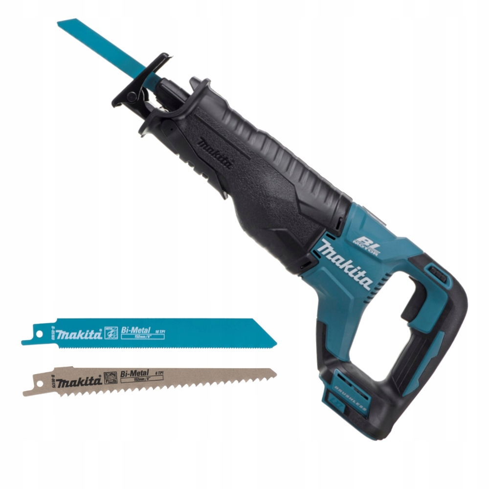 Een blauwe Makita reciprozaag met twee bladen.
