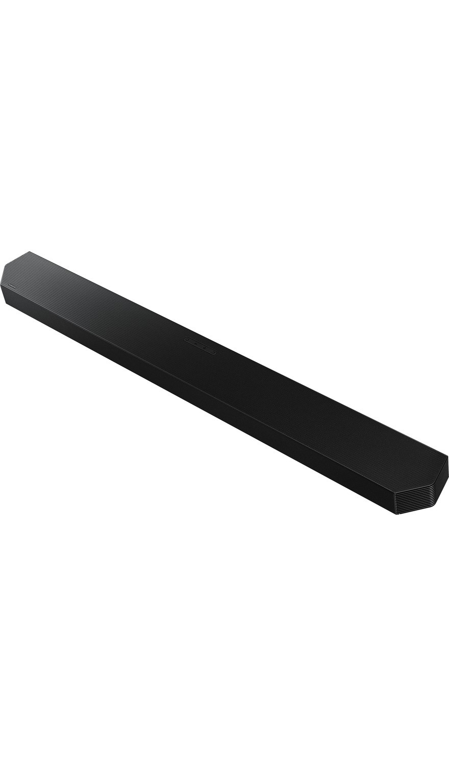 Üstte düğmeleri ve nervürlü ızgarası olan siyah, dikdörtgen soundbar.