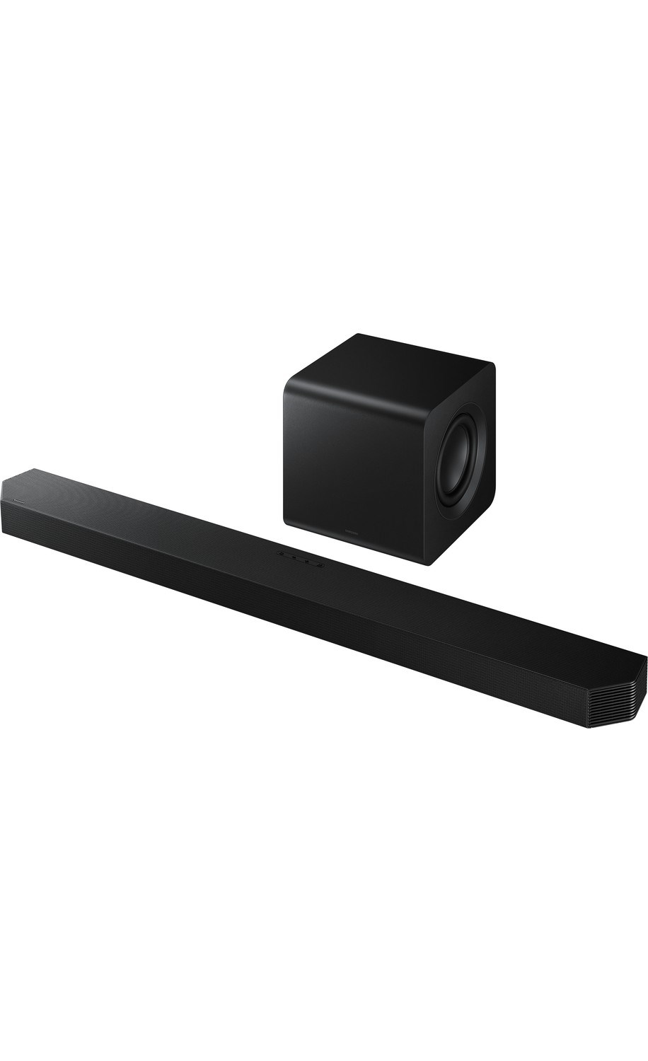 Beyaz arka plan üzerinde siyah ses çubuğu ve subwoofer.