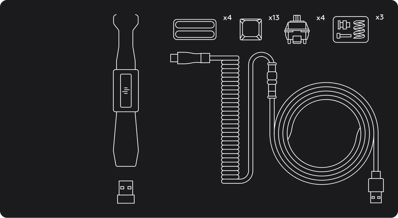 Un cavo USB, uno strumento, interruttori e copritasti su sfondo nero.