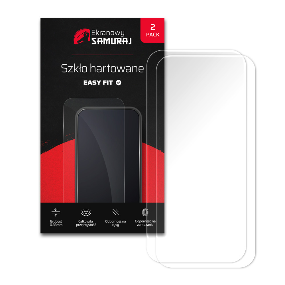 Opakowanie z dwoma hartowanymi osłonami ekranu do smartfonów.