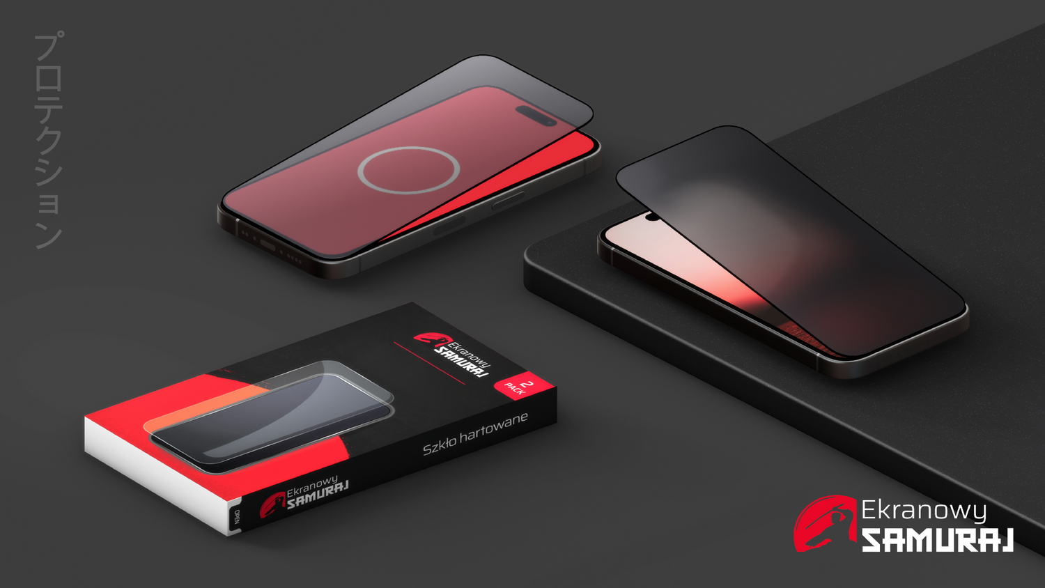 Smartfon z folią ochronną i opakowaniem na ciemnym tle.
