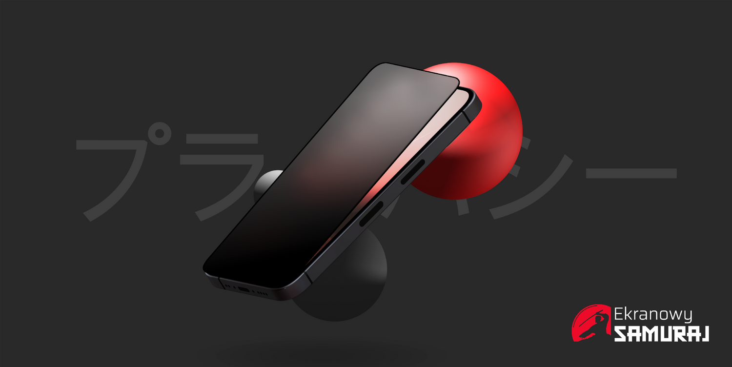 Czarny smartfon unosi się na ciemnym tle z czerwonymi i szarymi kulami.