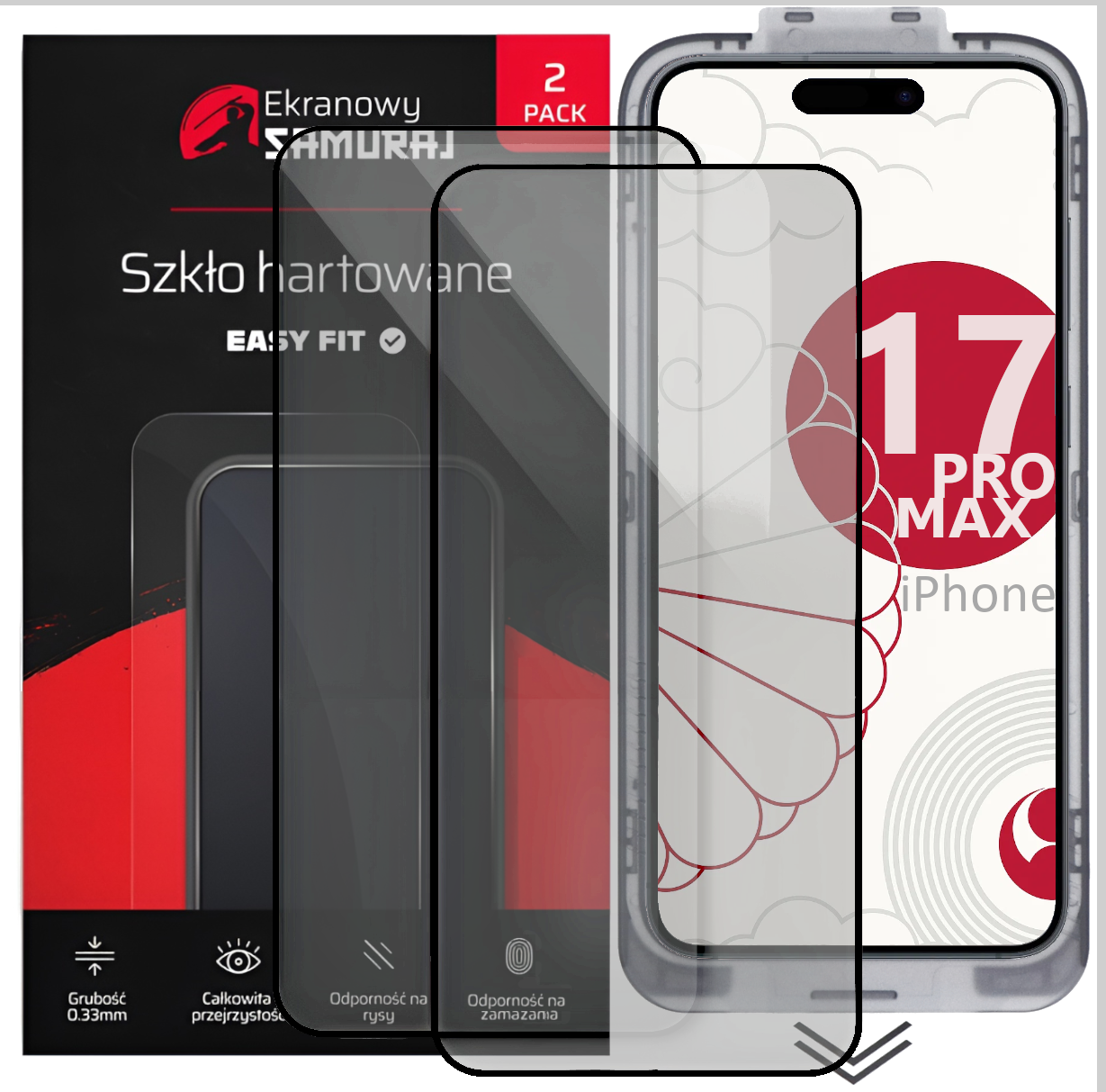 Dwa szkła hartowane na ekran do iPhone 17 Pro Max marki Ekranowy Samurai.
