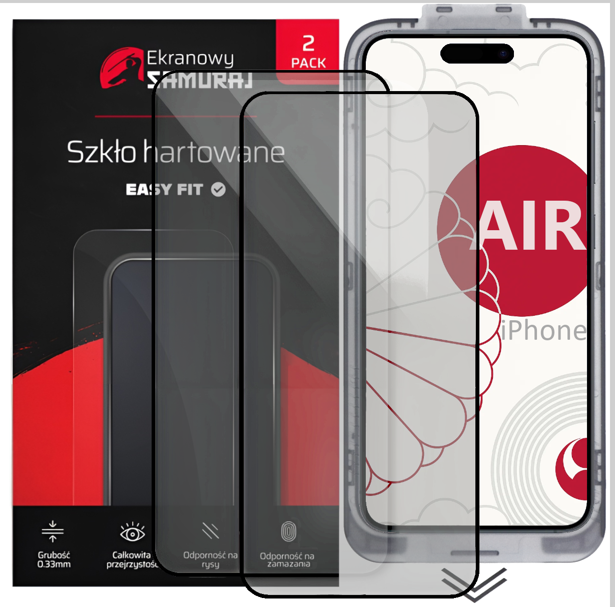 Opakowanie 2 folii ochronnych na ekran iPhone, marka "Ekranowy Samuraj".