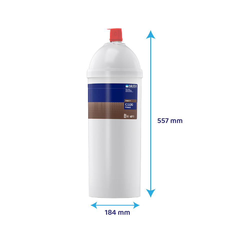 Ein weißer Brita Purity C1100 Filter mit roten Verschluss, 557 mm hoch und 184 mm breit.