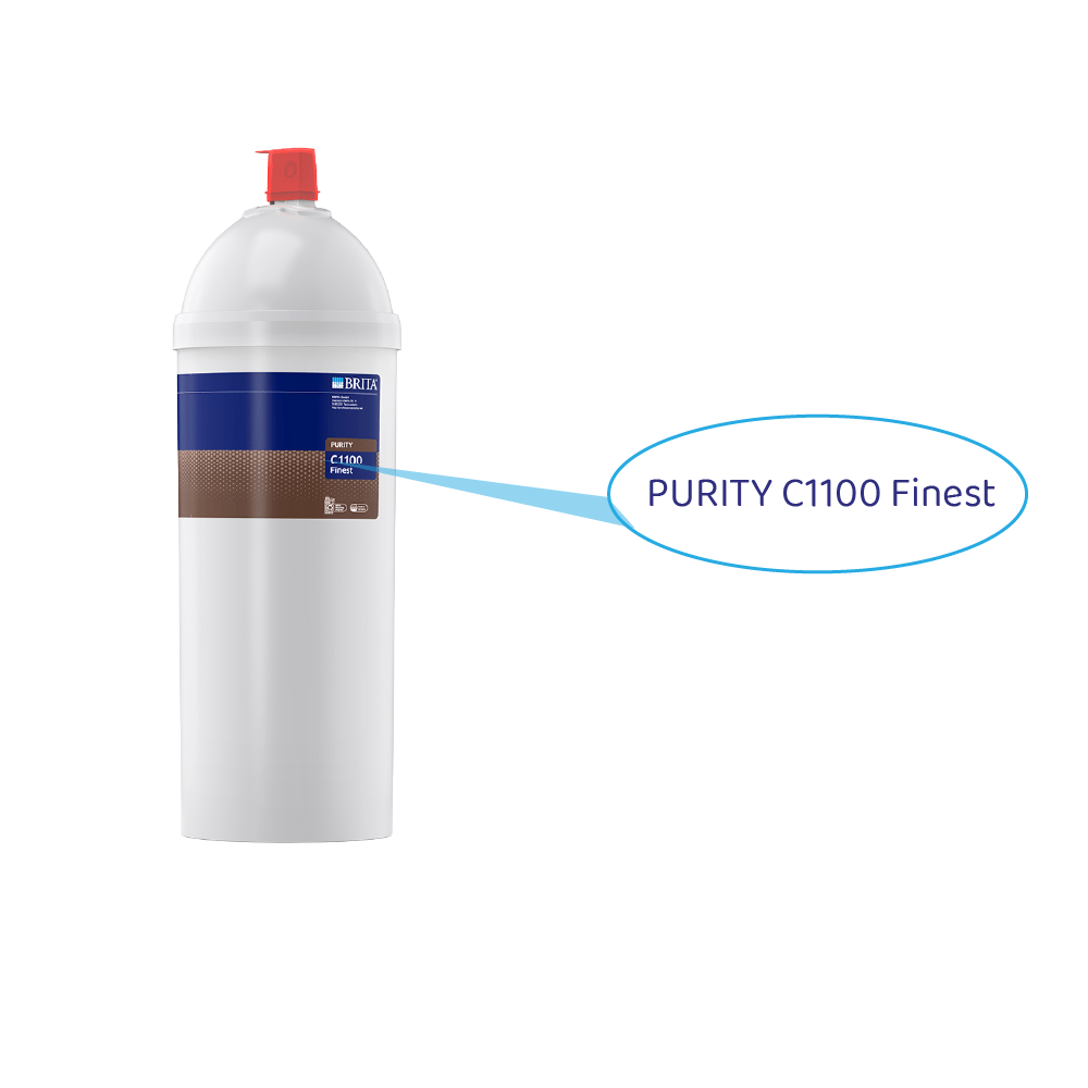 Ein weißer Wasserfilter mit einem blauen und braunen Etikett, beschriftet mit PURITY C1100 Finest.