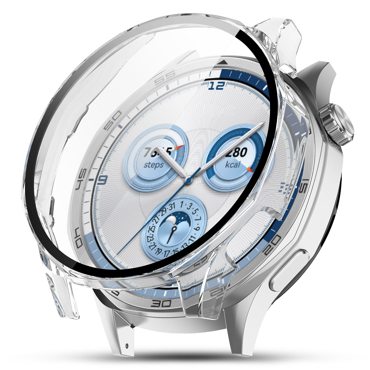 Srebrny smartwatch z przezroczystym etui ochronnym. Tarcza pokazuje kroki i kalorie.