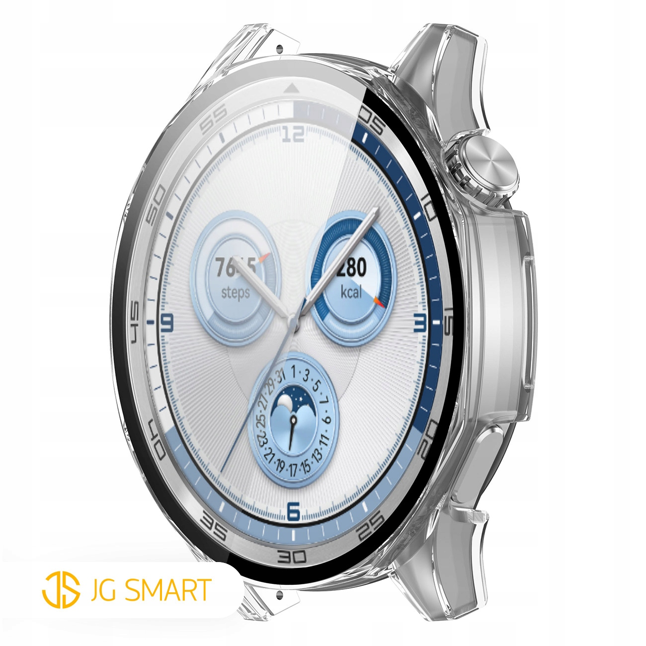 Przezroczysty smartwatch z białym cyferblatem pokazujący kroki i kcal. Logo JG SMART.
