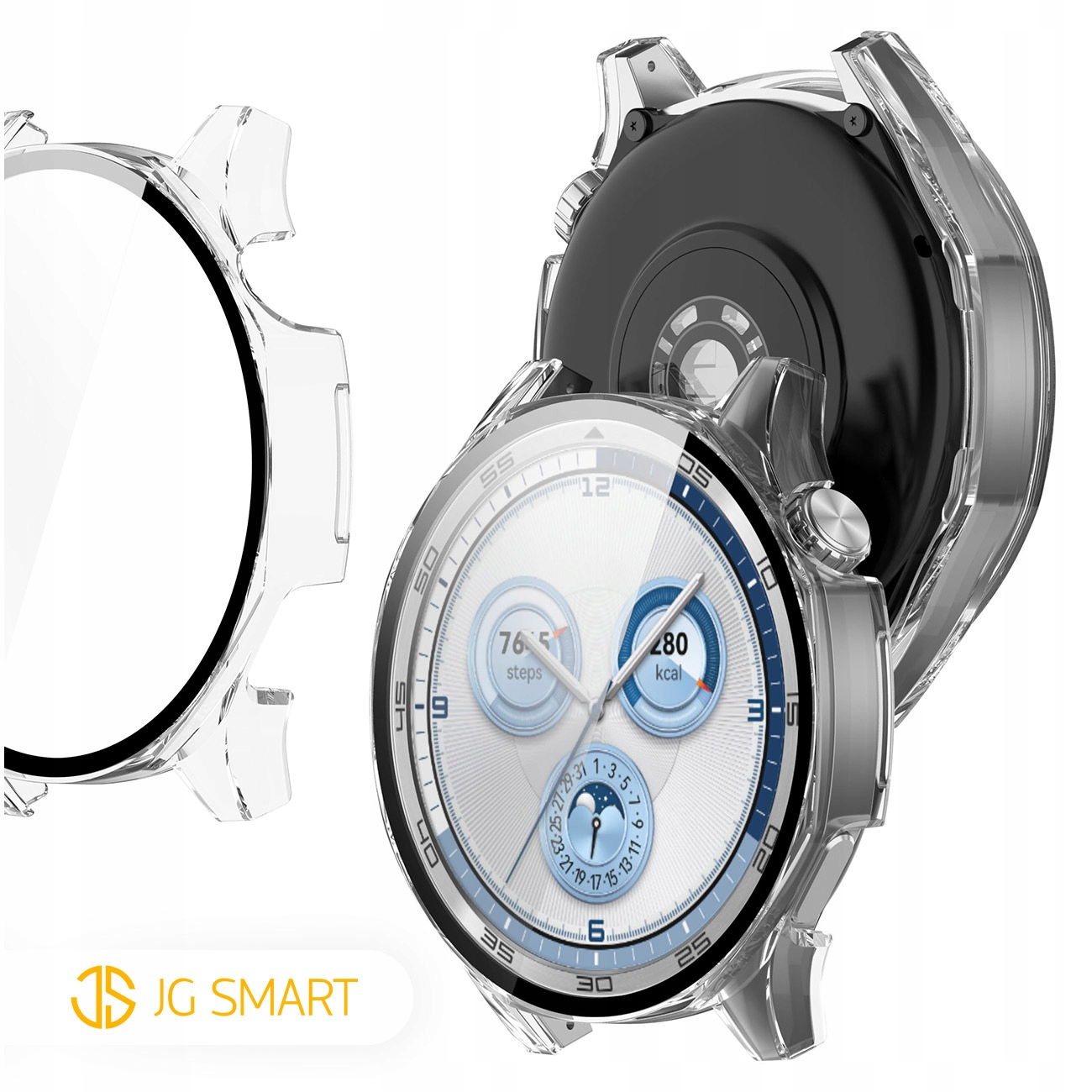 Przezroczysta obudowa chroniąca smartwatch ze srebrną tarczą pokazującą kroki i kcal.