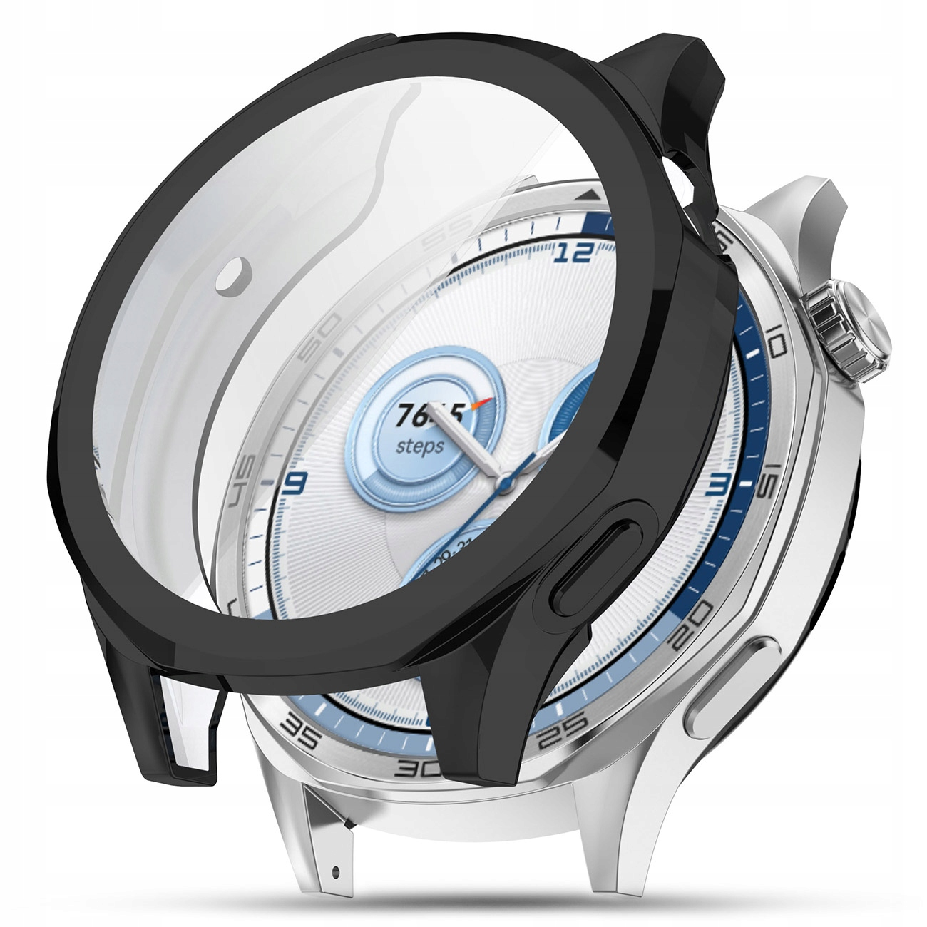 Srebrny smartwatch z czarną ramką ochronną i niebieską tarczą.