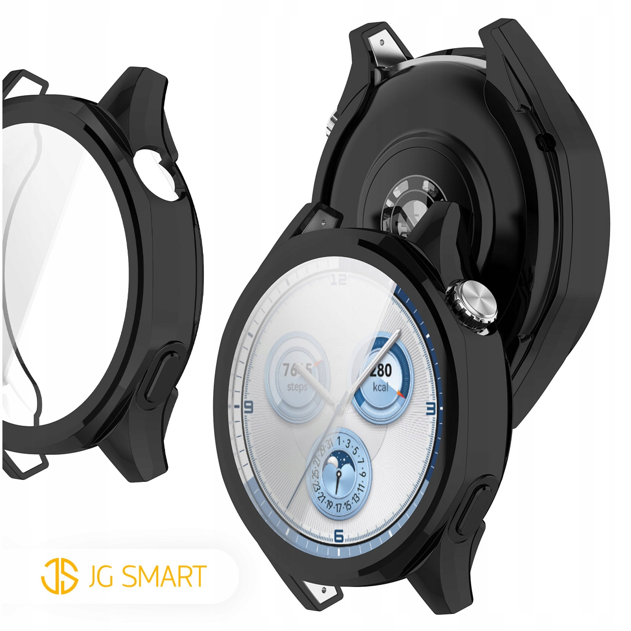 Czarna obudowa ochronna z wyświetlaczem smartwatch. Pokazuje kroki i kalorie.
