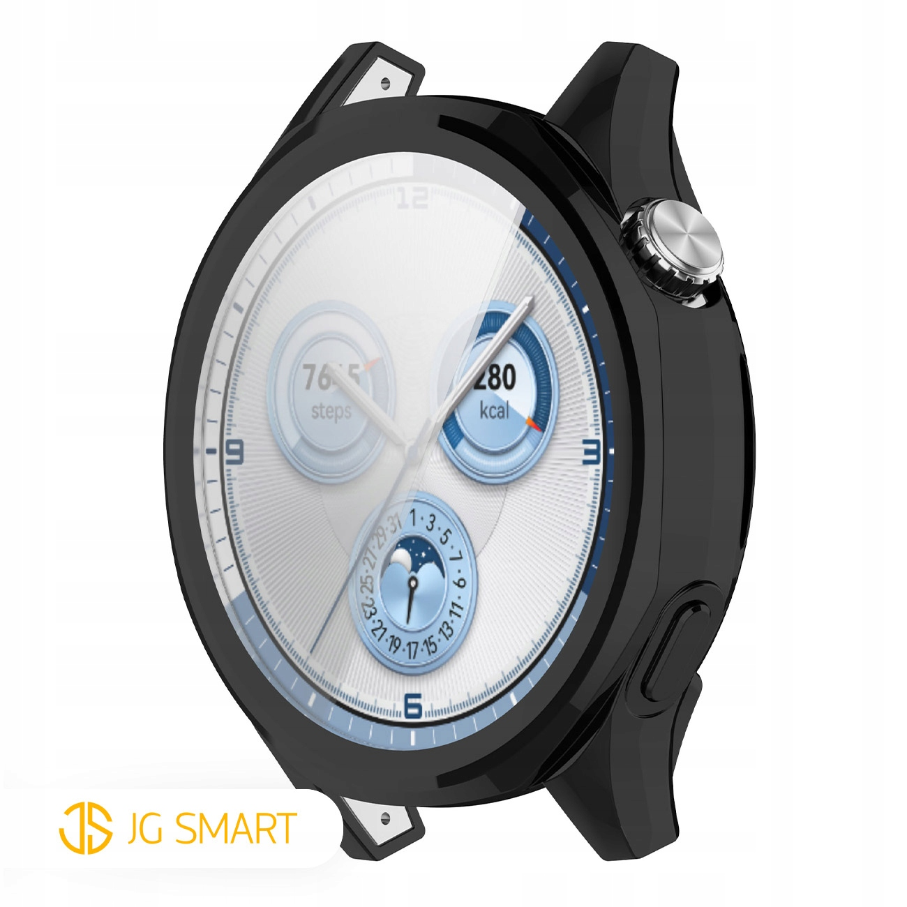 Czarny smartwatch z białym cyferblatem pokazuje kroki i kalorie.