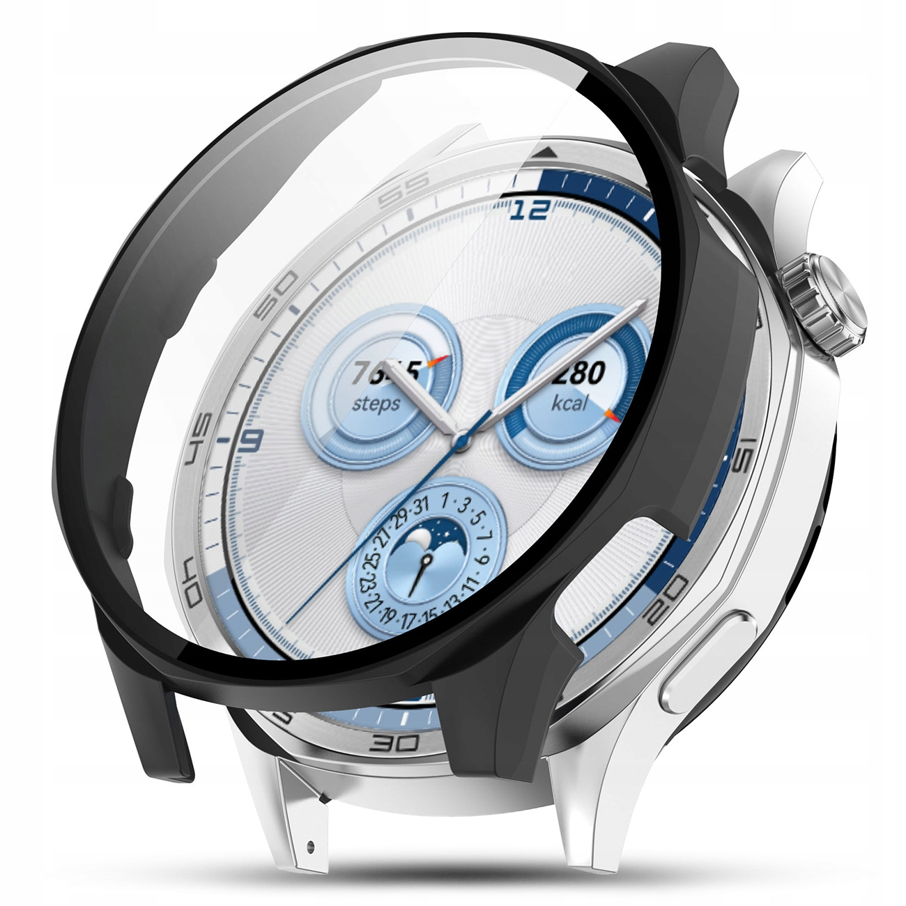 Smartwatch z białym cyferblatem, wyświetlający kroki i kalorie, z czarną ramką.