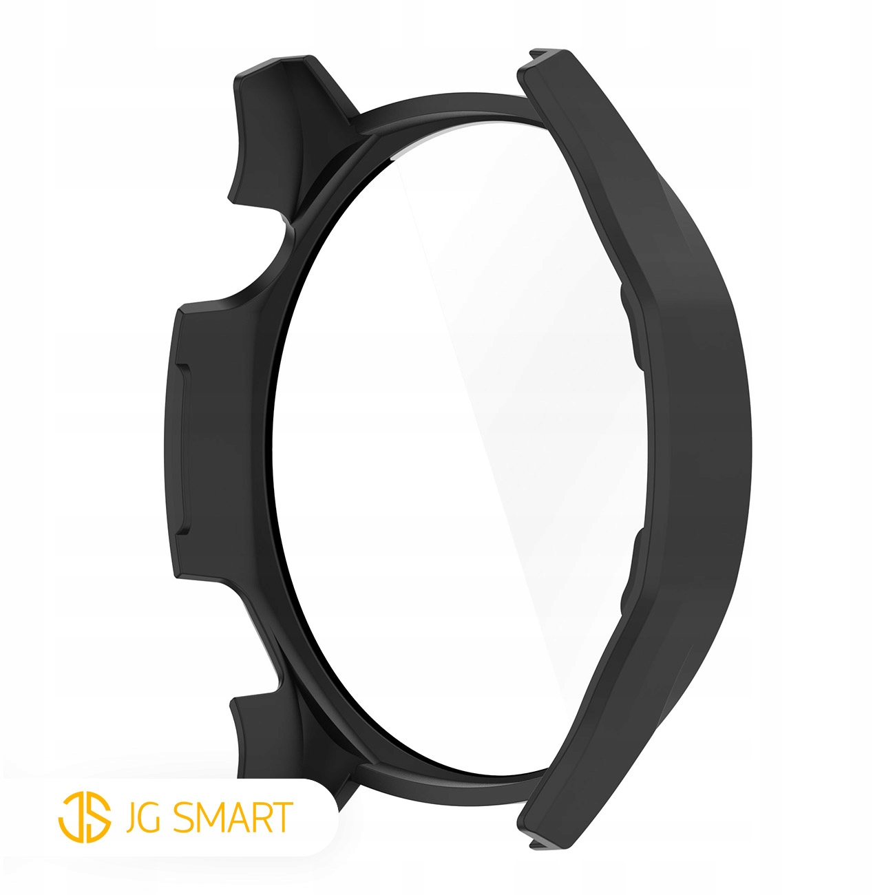 Czarny ochraniacz na zegarek z przezroczystym obszarem wyświetlacza, logo JG SMART.