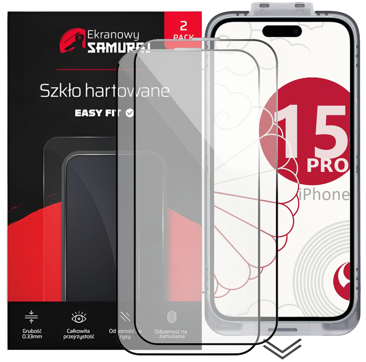 Samurai hartowane szkło na ekran, opakowanie 2 szt., do iPhone 15 Pro.