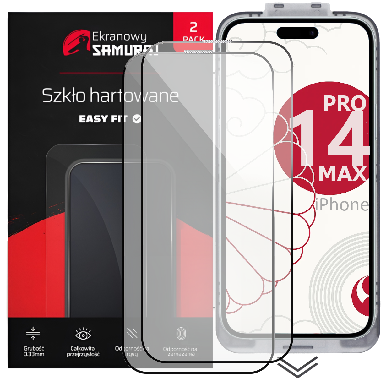 Opakowanie z dwoma hartowanymi osłonami ekranu do iPhone 14 Pro Max.