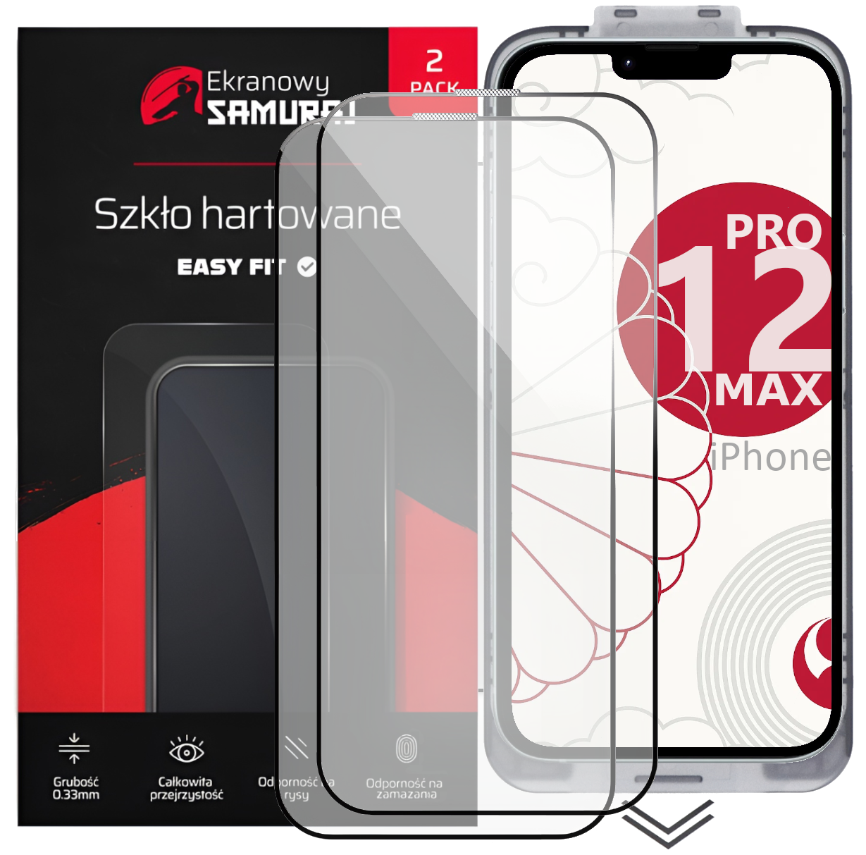 Opakowanie z 2 hartowanymi osłonami ekranu do iPhone 12 Pro Max.
