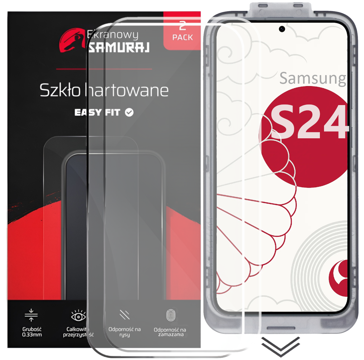 Opakowanie ze szkłem hartowanym do Samsung S24. Zawiera 2 szt.