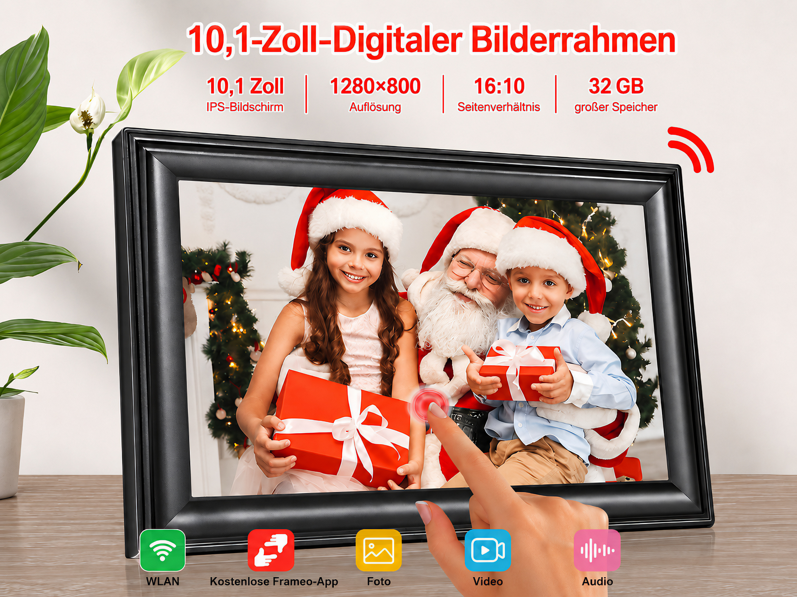 Digitaler Bilderrahmen mit Kindern und Weihnachtsmann, Geschenke, Symbole unten.