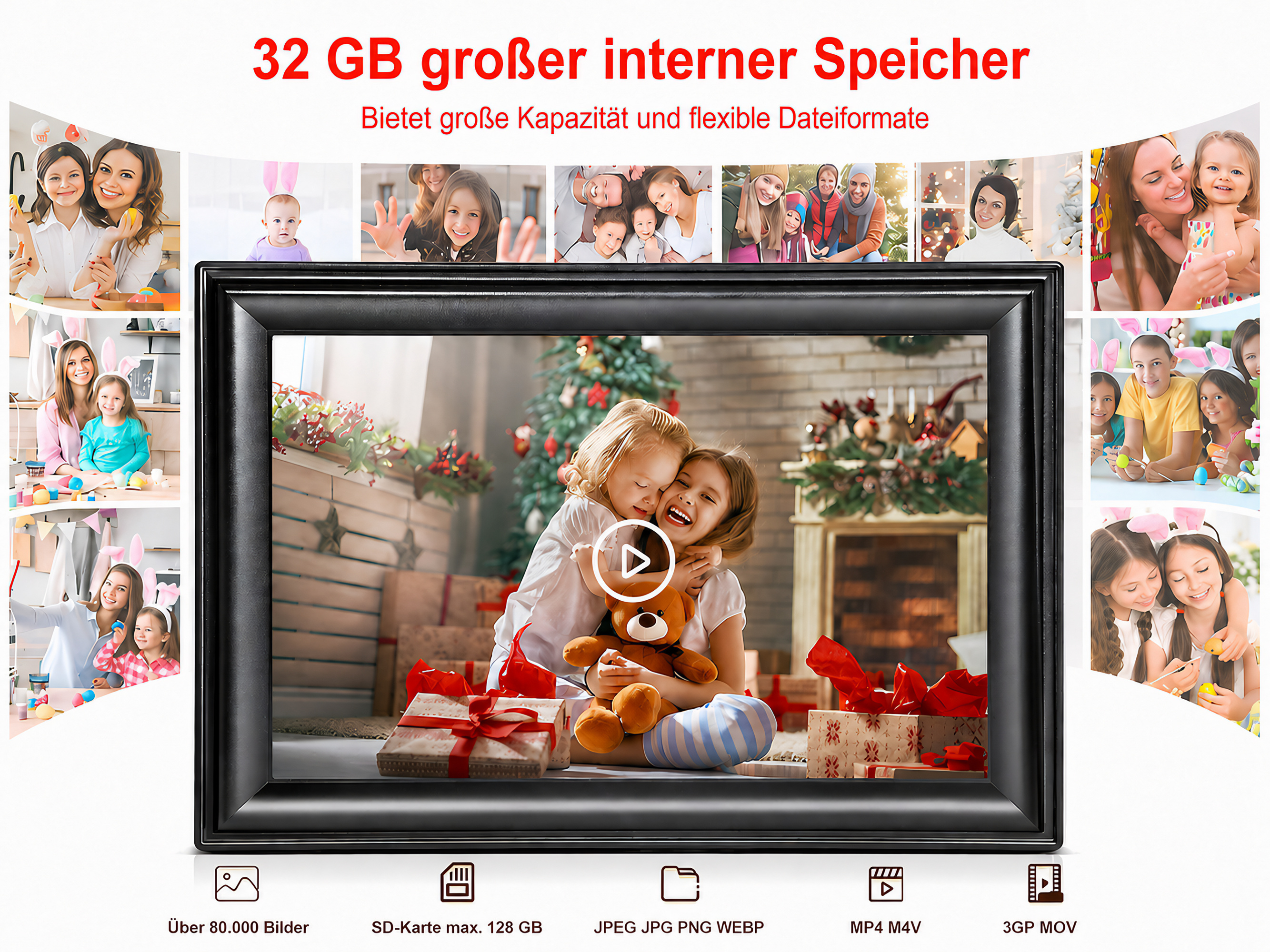 Eine Frau umarmt ein kleines Mädchen, das einen Teddybär hält, vor Geschenken und einem Weihnachtsbaum.