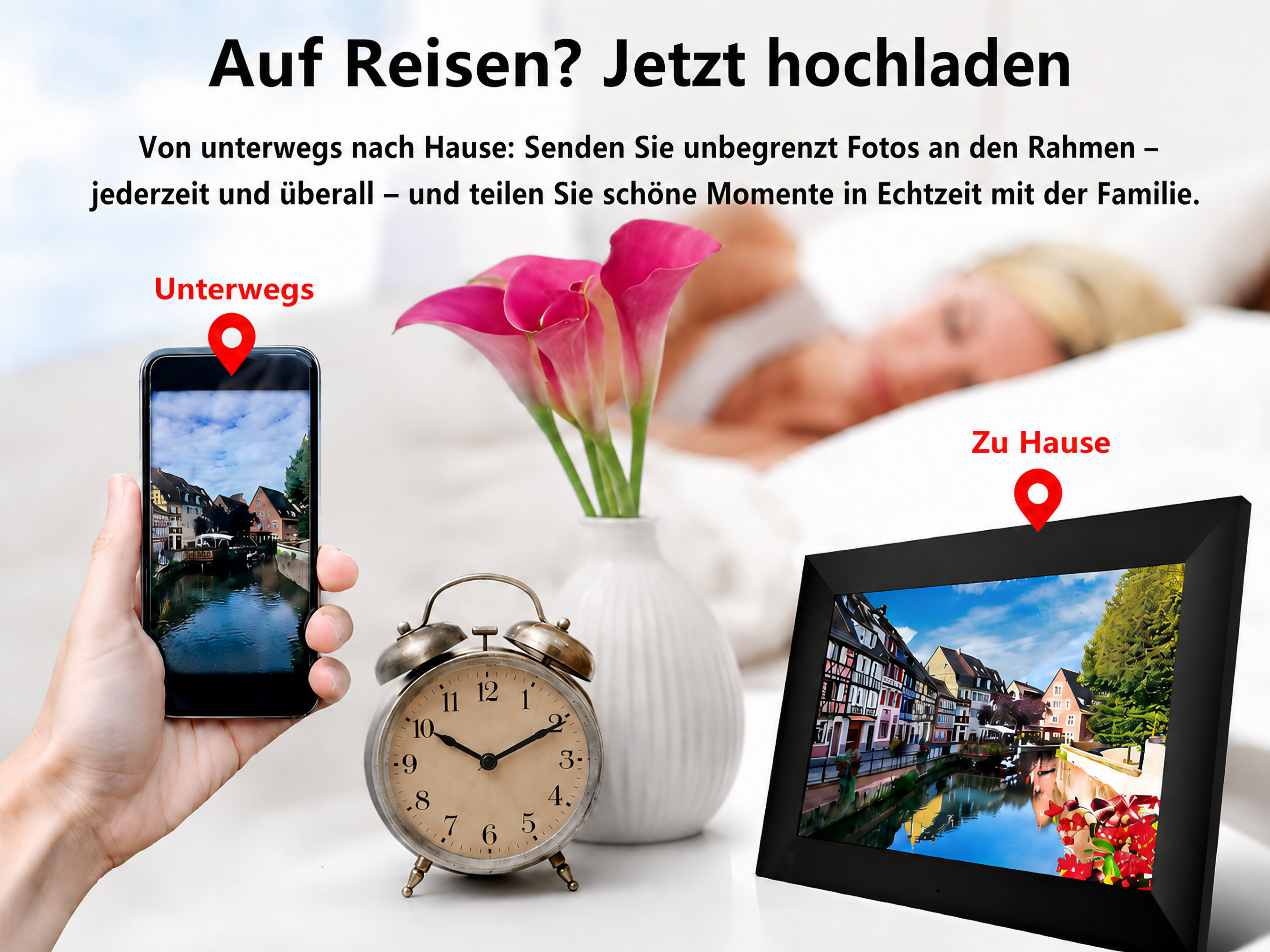Ein Handy zeigt eine Stadtansicht mit Kanal. Daneben ein Bilderrahmen mit gleicher Ansicht.