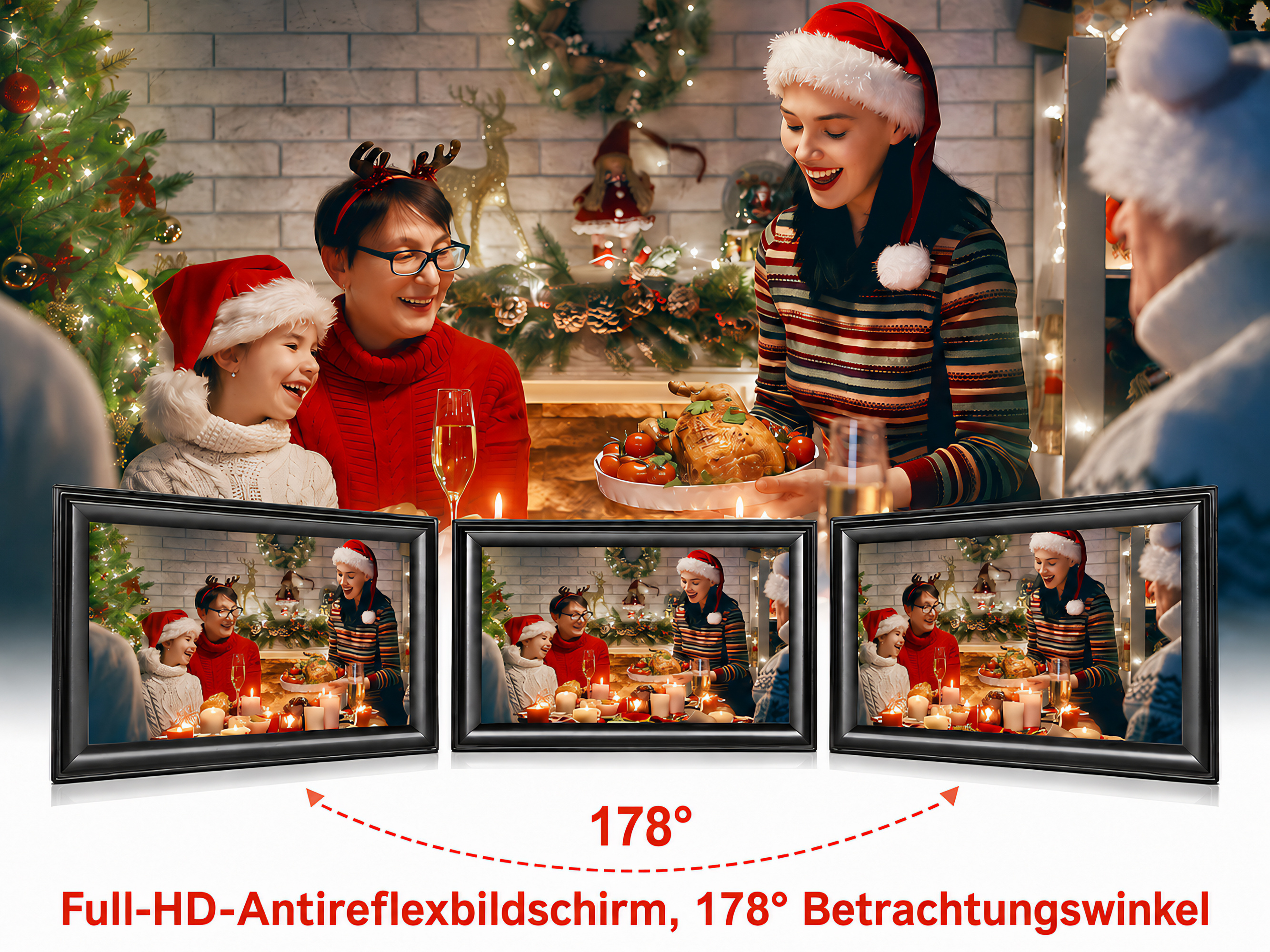 Familie feiert Weihnachten mit Truthahn und Lichtern.