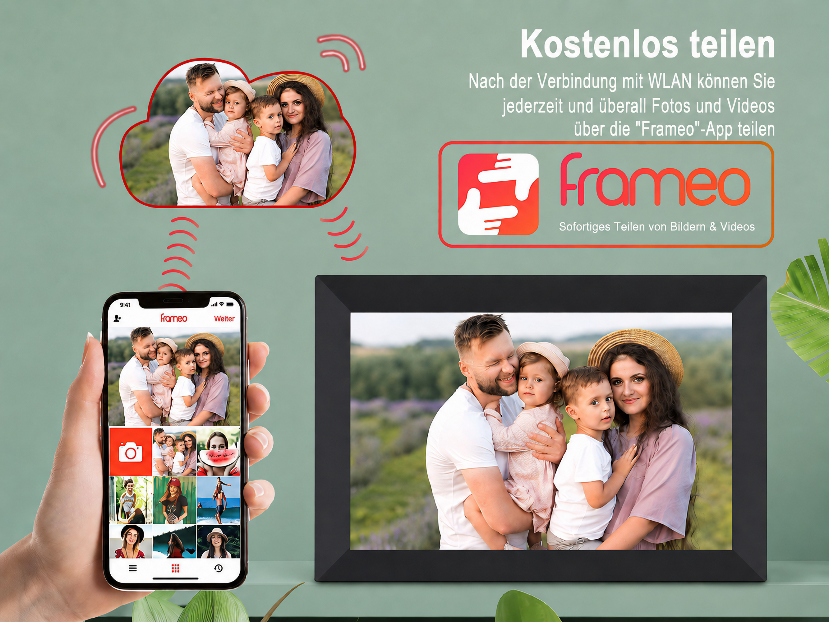 Familie teilt Fotos über WLAN-App auf Handy und Bilderrahmen.
